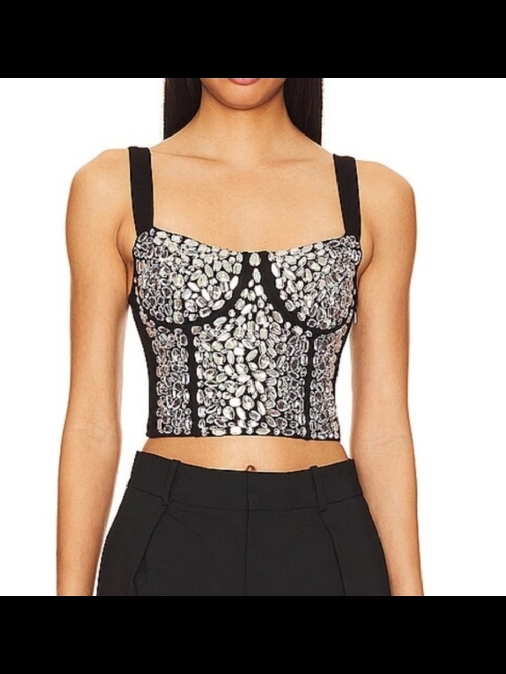 Good American Black Crystal Embellished Crop Top